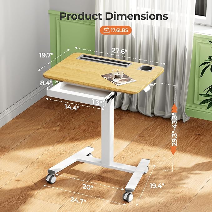 28" Mobile Standing Desk with Drawer, Portable Laptop Desk | Rolling Desk with Cup Holder & Hooks, Height Adjustable Computer Cart on Wheels for Classroom, Study Desk with Storage, Maple - Image 2