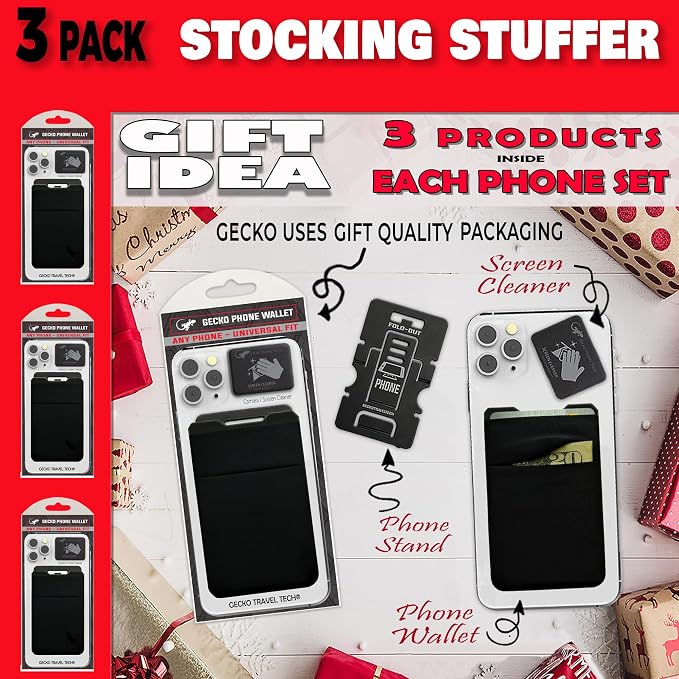 Gecko Travel Tech Double Pocket - Adhesive Card Holder - Cell Phone Pouch - Stick on Spandex Pocket - Carry Credit Cards and Cash (3 PACK - -BLANK- BLACK) - Image 5