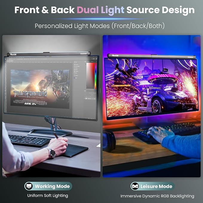 Quntis Monitor Light RGB PRO Backlight, Eye-Care Dual Light Computer Light Bar Gaming Office Desk Lamp, 15 Modes Dimmable Backlight, 3 Color Temperature Adjustable Brightness, Ra95 Screen Light Bar - Image 3