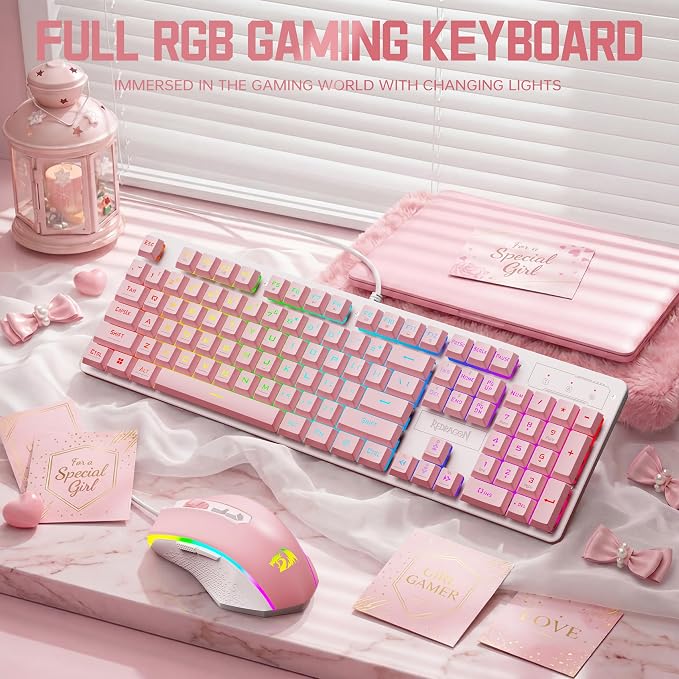 Redragon Updated S107WP Gaming Keyboard and Mouse, RGB Gaming Keyboard and 10000 DPI Mouse Combo with 25-Key Anti-Ghosting, 1K Hz Programmable Mice with Software, Plug & Play to PC, Laptop - Pink - Image 4