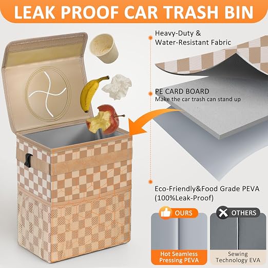 Vankor Car Trash Can Bin with Lid Hanging for Back Seat, Car Accessories for Women Men Leak Proof Automotive Garbage Cans Leakproof Vehicle Trash Can for Truck SUV,Khaki Checkered - Image 3