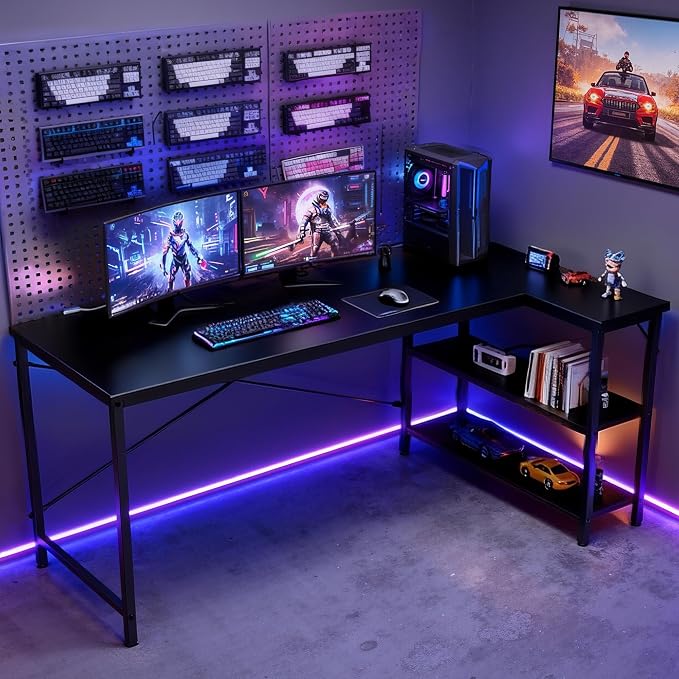 DUMOS L Shaped Computer Desk, 47" Gaming Corner Desks with Shelves | Home Office PC Table, Writing Working Study Desk with Reversible Layout, Bedroom Dorm, Black - Image 2