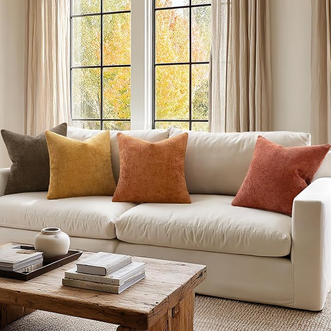 MIULEE Pack of 4 Orange/Yellow Couch Throw Pillow Covers 18x18 Inch Halloween Soft Decorative Chenille Pillows Farmhouse Accent Cushions for Boho Fall Home Decor Sofa Bedroom Living Room - Image 3