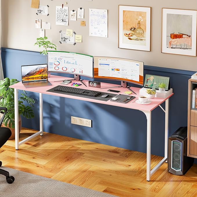 PayLessHere | 63 Inch Computer Desk | Pink | Office Desk with Metal Frame, Adjustable Feet | Water-Resistant, Scratchproof Surface | Sturdy Writing Table for Home Office or Study | Pack of 1 - Image 2