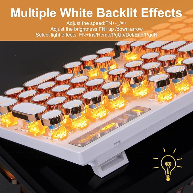 Camiysn Typewriter Style Mechanical Keyboard, Retro Punk Gaming Keyboard with Gold LED Backlit, Cute Wired Keyboards,104 Keys Full Size Keyboards, Uique Round Keycaps for Windows/Mac/PC(White&Gold) - Image 4