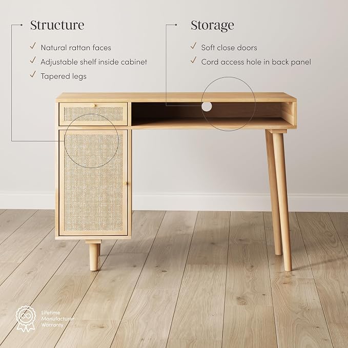 Nathan James Aaron Modern Desk with Storage, Natural Rattan Table with Square Webbing and Gold Accent Knobs, Natural Brown - Image 4