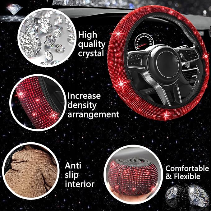 NBTEPEM 27 PCs Red Bling Car Accessories Set for Women, Steering Wheel Covers Universal Fit 15 Inch, Bling License Plate Frame, Bling Phone Holder, Bling Car Coasters (Red Diamond) - Image 3