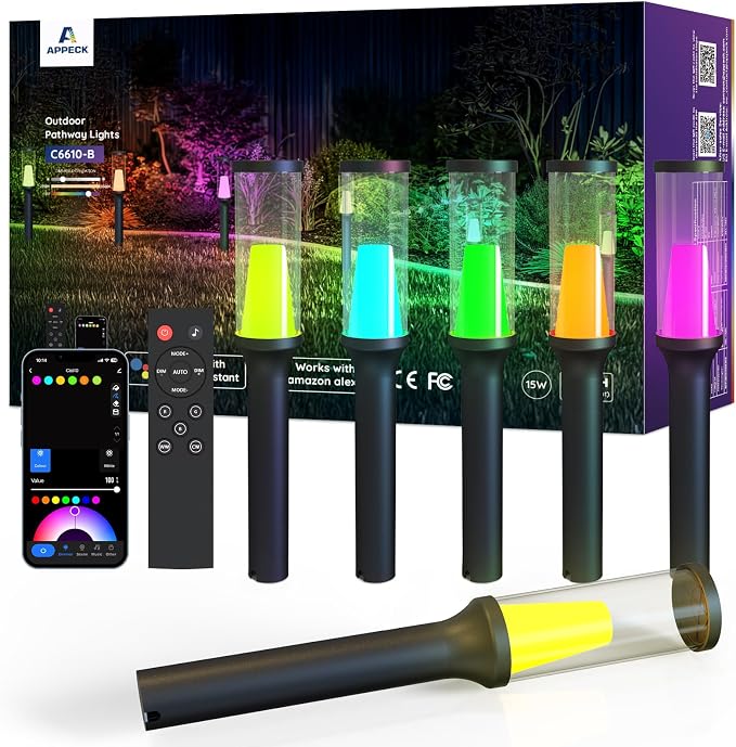 APPECK Pathway Lights,RGBCW Walkway Lights with APP Control,4 Pack | IP65 Waterproof,Low Voltage Landscape Lighting 800LM,Color Changing,for Garden, Yard, Patio,Compatible with Alexa by APPECK