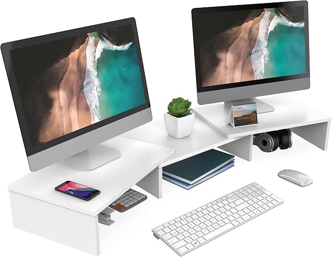 FITUEYES Dual Monitor Stand Riser, Adjustable Length and Angle, White | Wooden 3-Shelf Design, Supports up to 55lbs, Flexible for Standard Corner Space, Holds Monitor, Laptop, Phone, Printer by FITUEYES
