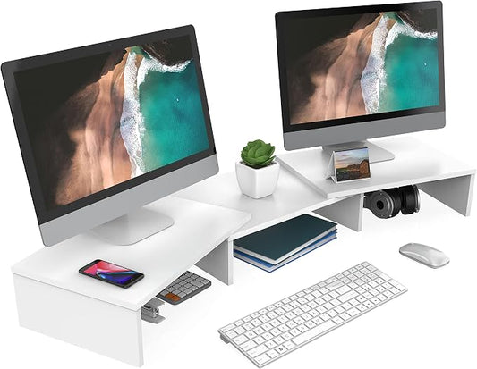 FITUEYES Dual Monitor Stand Riser, Adjustable Length and Angle, White | Wooden 3-Shelf Design, Supports up to 55lbs, Flexible for Standard Corner Space, Holds Monitor, Laptop, Phone, Printer by FITUEYES