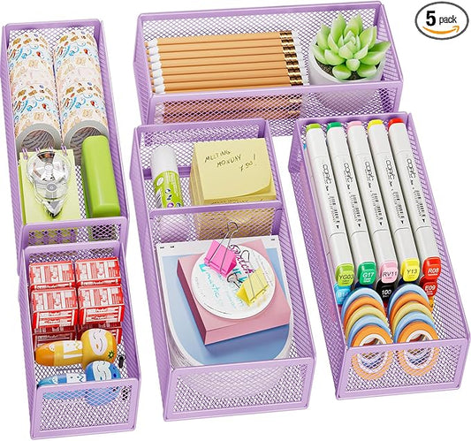 Marbrasse 5 Pack Desk Drawer Organizer Set, Mesh Drawer Storage Trays with 1 Adjustable Divider, Desk Organizers and Accessories, 5 PCS Drawer for Office Supplies, Makeup & Vanity (Purple) by Marbrasse