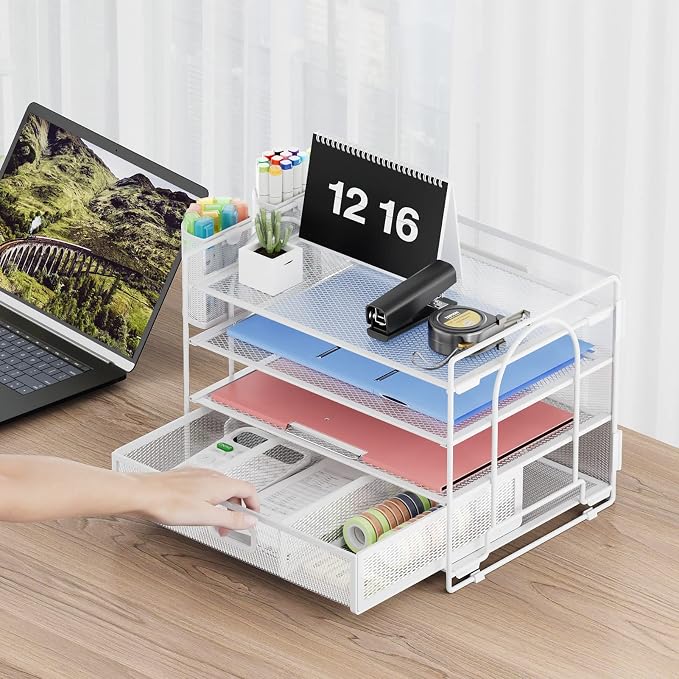 Marbrasse Desk Organizer, 4-Tier Paper File Letter Tray, White | Sturdy Paper Tray, File Holder, Built-in Drawer, 2 Pen Slots, fits Letters/Files, for School Home Office Supplies - Image 4