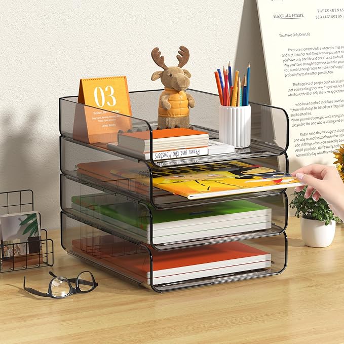 FANXIYQ 4-Tier Acrylic Paper Tray Organizer, Brown Office Paper Organizer | Stackable, Tool-Free Design with 2-4 Tiers for A4 Paper, Files, Books and Mail; Ideal for School, Home Office and Study Room - Image 2