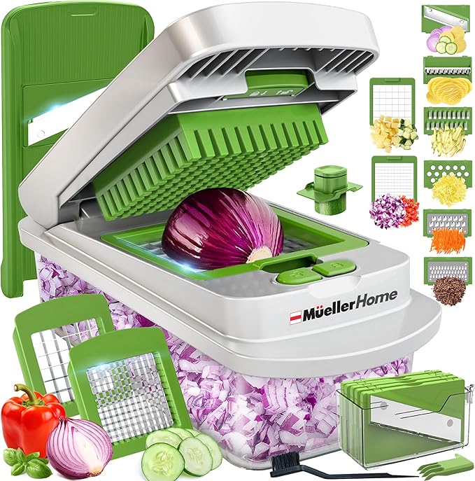 MUELLER HOME Pro-Series 10-in-1 Vegetable Chopper, 8 Blade Onion Mincer | Cutter, Dicer, Fruit Slicer with Container, French Fry Cutter Potato Slicer, Home Essentials, Salad Chopper White Sand/Green by Mueller