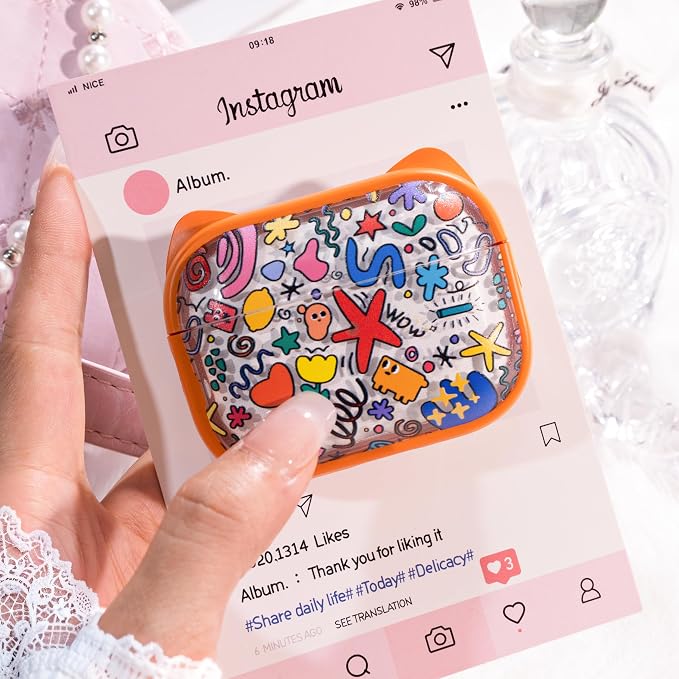 for AirPods Pro 2 Case with Cleaning Kit, Cute Cat Ear Print Design & Cute Buckle for Girls, Phone Holder & Top Safe Lock Buckle Design for AirPods Pro 2nd/1st Gen case, Orange Seaworld - Image 4