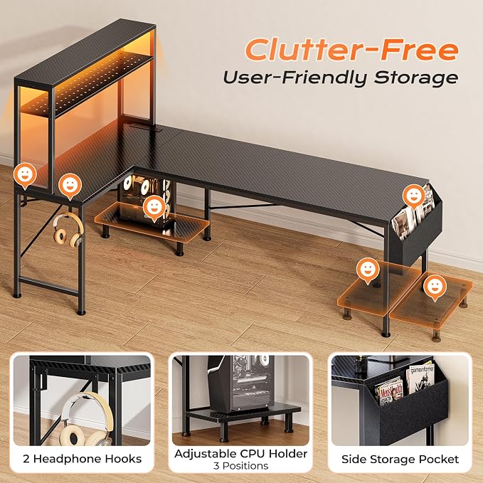 PRAISUN L Shaped Gaming Desk with LED Lights & Power Outlets, Reversible Computer Desk with Storage Shelves & Bag, Large Corner Home Office Desk with Pegboard for Work from Home, Carbon Fiber Black - Image 9