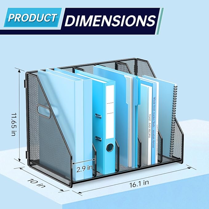 MINDEPOT Desk File Organizer Folder Holder with 5 Vertical for Office Black | Sturdy Metal Mesh, Magazine Folder Holder, Rack File Organizer for Home School, 5 Vertical Compartments - Image 3