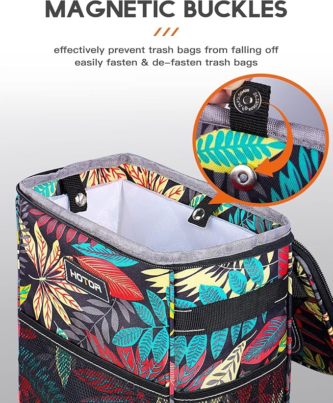 HOTOR Car Trash Can with Lid and Storage Pockets - 100% Leak-Proof Organizer, Waterproof Garbage Can, Multipurpose Trash Bin for Car, 2 Gallons, Autumn Leaves - Image 3