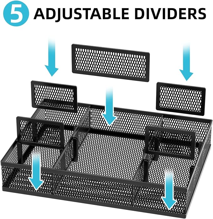 Marbrasse 2 Pack Desk Drawer Organizer, Mesh Drawer Organizer Tray with 8 Adjustable Compartments, Desk Organizers and Accessories, 5 Dividers Drawer for Office Supplies, Makeup & Vanity (Black-2P) - Image 2