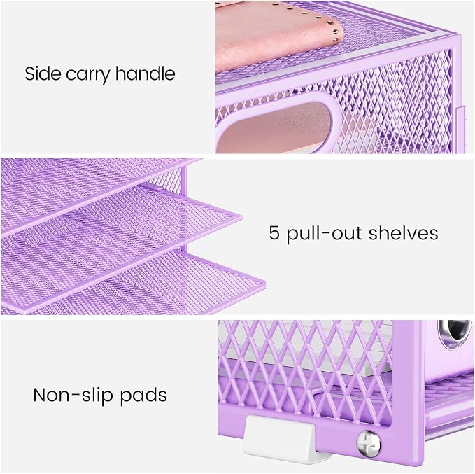 Lavatino 8-Tier Office Desk File Organizer, Letter Tray Paper Organizer with Handle, Including 5 Adjustable Slide Trays for Organizing Desktop Workspace Accessories and Supplies (Purple Metal Mesh) - Image 3