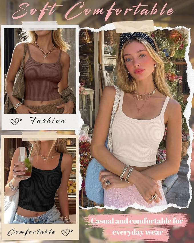 Ficerd 3 Pack Women's Tank Tops 95% Cotton Spaghetti Strap Ribbed Crop Camisole Slim Fitted Basic Summer Sleeveless Layer - Image 5