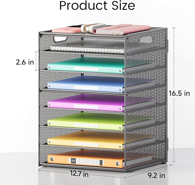 Lavatino 8-Tier Office Desk File Organizer, Letter Tray Paper Organizer with Handle, Including 5 Adjustable Slide Trays for Organizing Desktop Workspace Accessories and Supplies (Grey Metal Mesh) - Image 7