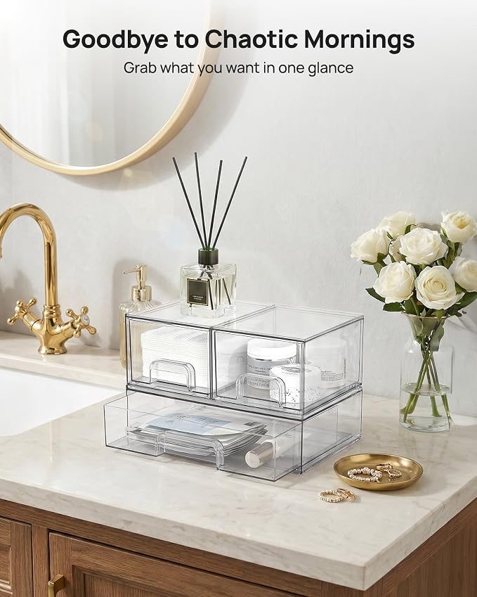 Vtopmart Stackable Storage Drawers Set of 4, Clear Plastic Organizer Bins for Bathroom Supplies,Ideal for Cabinet,Pantry,Laundry Room Organization - Image 3