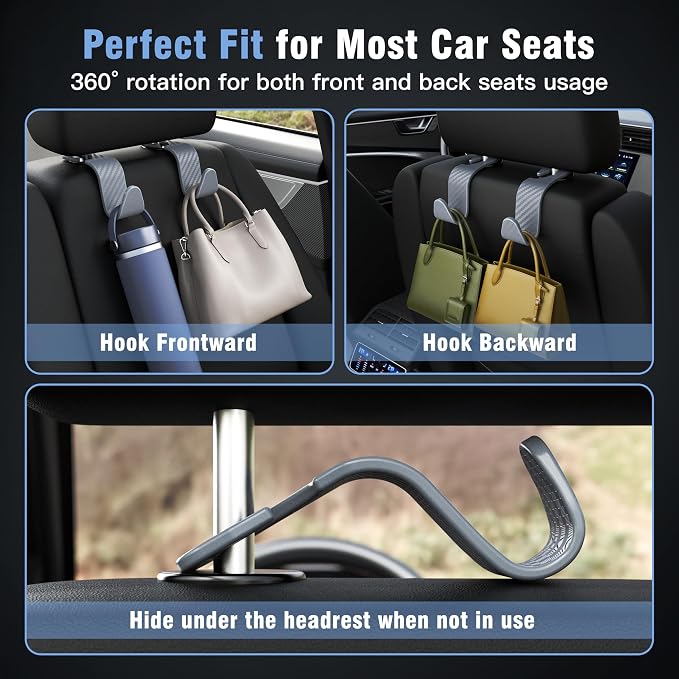 Amooca Car Seat Headrest Hook 4 Pack Hanger Universal Vehicle Car Storage Organizer for Handbag Purse Coat S Type Checkered Grey - Image 3