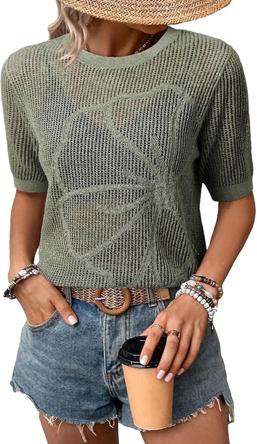 Dokotoo Womens Summer Short Sleeve Crochet Tops Hollow Out Floral Sweaters Beach Vacation Cruise Outfits by Dokotoo