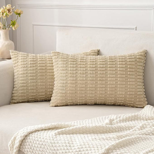 MIULEE Pack of 2 Corduroy Decorative Lumbar Throw Pillow Covers 20x12 Inch Soft Boho Striped Pillow Covers Modern Farmhouse Home Decor for Sofa Living Room Couch Bed Tan by MIULEE