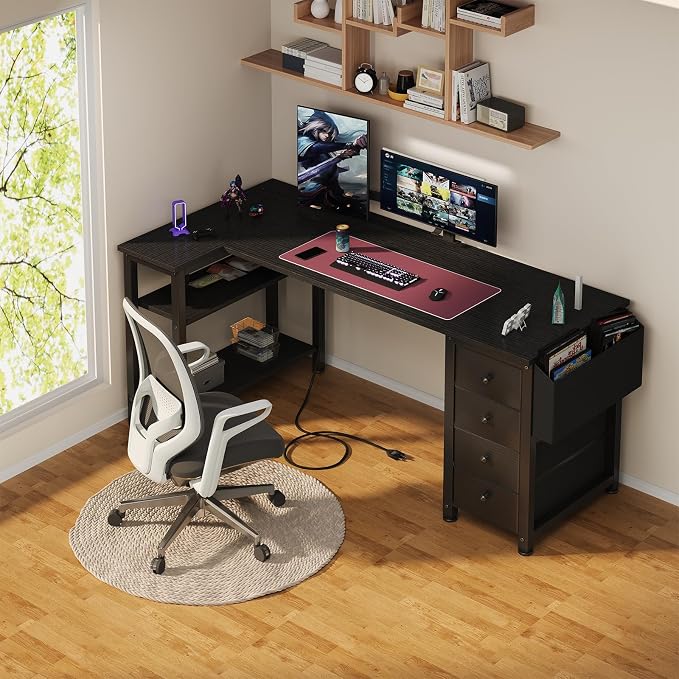 Lufeiya L Shaped Gaming Desk with Drawers & Storage Shelves, 55 Inch Corner Computer Desk with Power Outlet for Home Office Bedroom, L-Shaped Teen PC Desks with Fabric Drawer, Black - Image 2