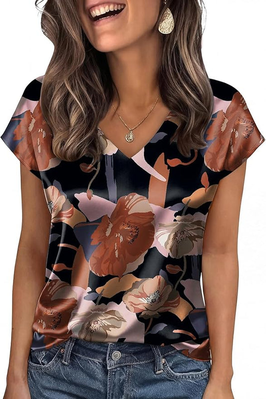 WIHOLL Womens Satin Summer Tops Cap Short Sleeve Blouses V Neck Shirts Business Casual Outfits Fashion Clothing 2026 by WIHOLL