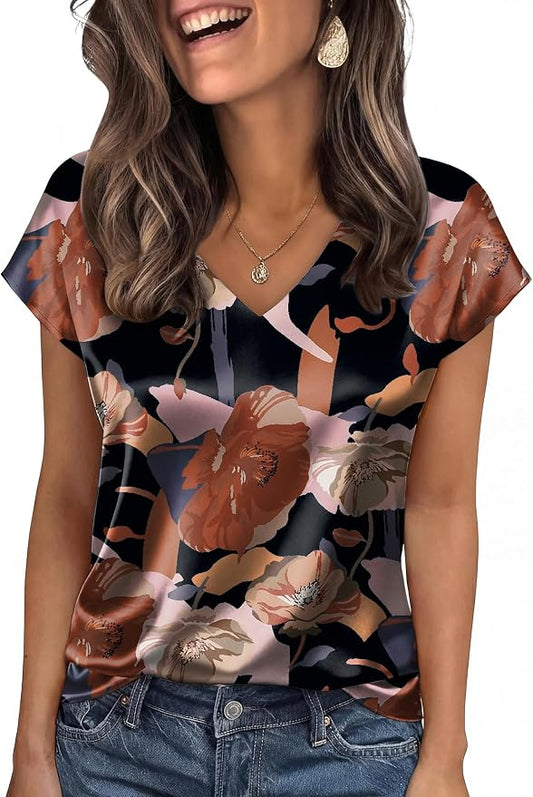 WIHOLL Womens Satin Summer Tops Cap Short Sleeve Blouses V Neck Shirts Business Casual Outfits Fashion Clothing 2026 by WIHOLL