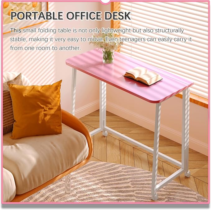 4NM 31.5" Mobile Small Folding Desk, Foldable Rolling Computer Home Office Desk, Study Writing Table for Small Space Saving Bedroom, with Wheels - Pink and White - Image 4
