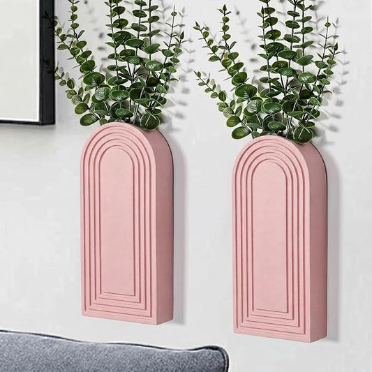 Dnnnii 2 Pack Wooden Wall Vase Set - Pink Finish Modern Farmhouse & Boho Wall Decor for Entryway, Hallway, Bathroom, Living Room, Dining Room, Narrow Spaces by Dnnnii