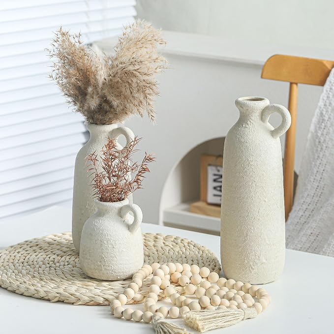 Ceramic Vase Set of 3 with Handle, Neutral Rustic Vases Home Decor Farmhouse Decorative Vase Whitewashed Pottery Decor Modern for Table Mantel Entryway Bookshelf Living Room Kitchen Bedroom - White - Image 5