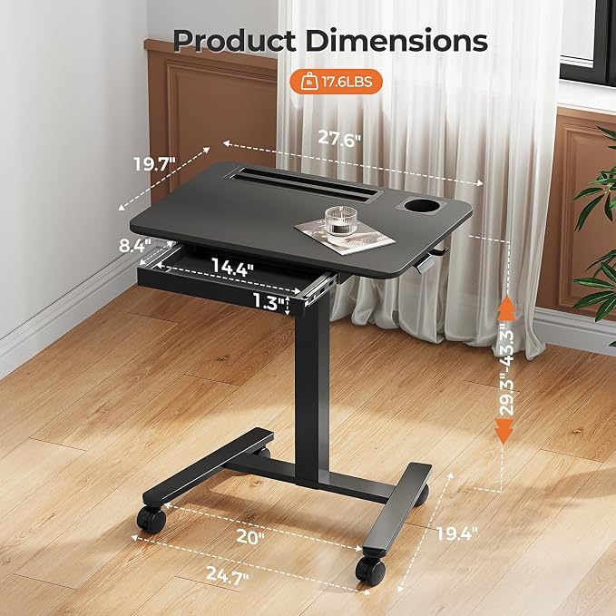 28" Mobile Standing Desk with Drawer, Portable Laptop Desk | Rolling Desk with Cup Holder & Hooks, Height Adjustable Computer Cart on Wheels for Classroom, Study Desk with Storage, Black - Image 2