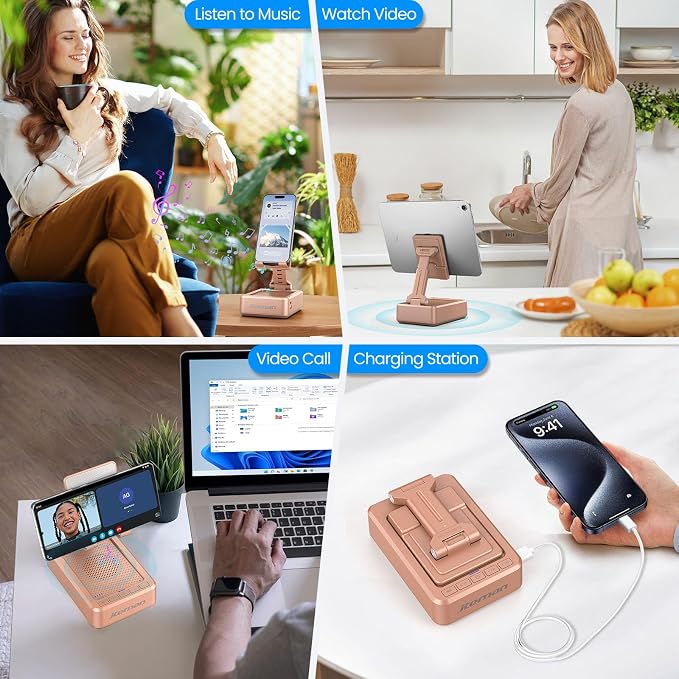 JTEMAN Cell Phone Stand with Bluetooth Speaker and Charging Function, HD Sound Adjustable Phone Holder, Birthday Gifts for Men Women, Cool Tech Kitchen Gadgets for All Phones,Tablet (Rose Gold) - Image 5