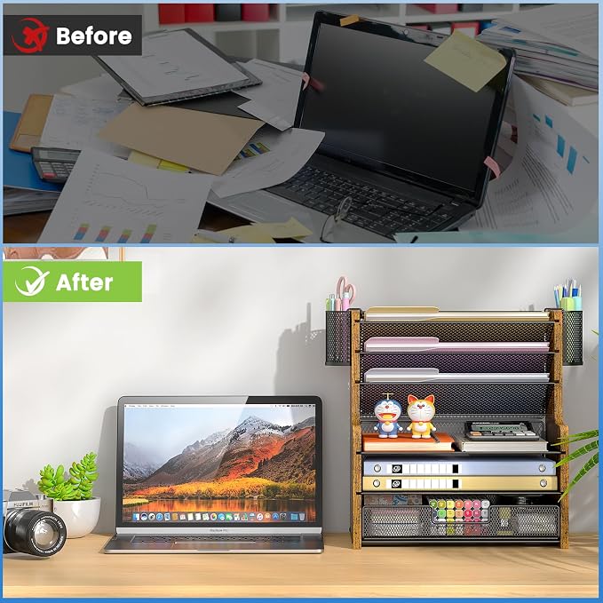 DAOUTIME 6-Tier Mesh Desk Organizer with Drawer, Wooden Office Organizer for Papers, Folders & Office Supplies - Sturdy Desktop File Holder with 2 Pen Holders - Space Saving Home Office Accessories - Image 4
