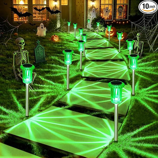 DenicMic Halloween Solar Lights Outdoor Waterproof 10 Pack Halloween Decor | Stake Lights for Yard Pathway Garden Walkway Driveway Patio Lawn, Auto On/Off Green LED Halloween Decorations Outdoor by Denicmic