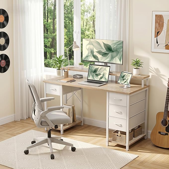 TIQLAB Computer Desk with 4 Drawers, 47 Inch Gaming Desk with LED Lights & Power Outlets, Home Office Desk with Monitor Stand, Study Writing Work Desk for Bedroom, Maple - Image 2