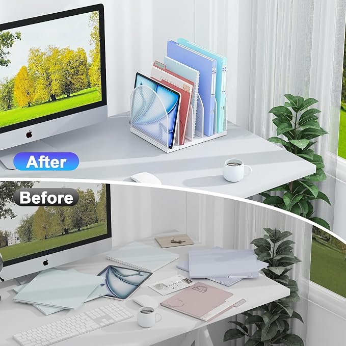 gianotter Desktop File Organizer with 5 Compartments | Desk Organizer Paper Organizer for Desk Workspace Organizers for Office Supplies (White, Upright Style) - Image 2