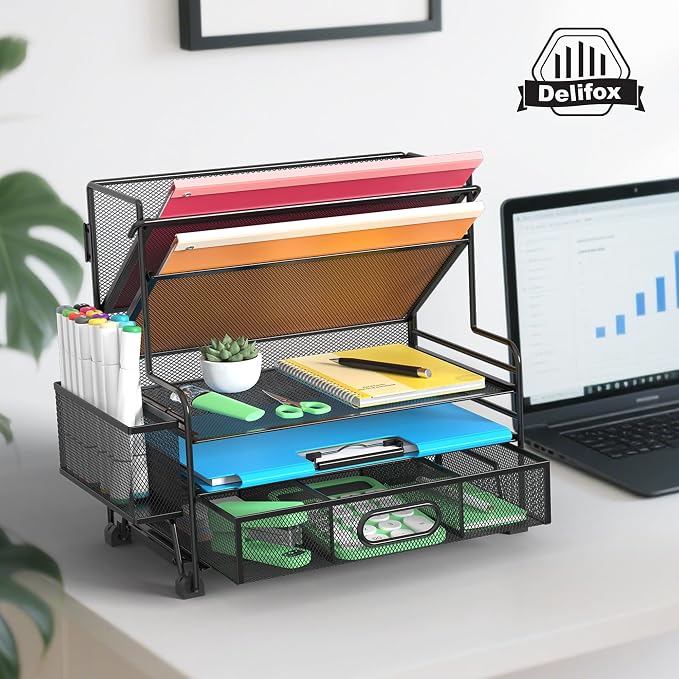 5 Tier Desk Organizer with Drawer & Pen Holders, Desk File Organizer Letter Tray Paper Organizer, Black - Image 7