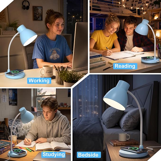 LED Desk Lamp for Home Office with Wireless Charger, Blue | 3 Color Modes Dimmable Eye-Caring Study Reading Dorm Desk Lamp, 360° Flexible Arm Table Lamp for College Dorm Room, 800 Lumen - Image 8