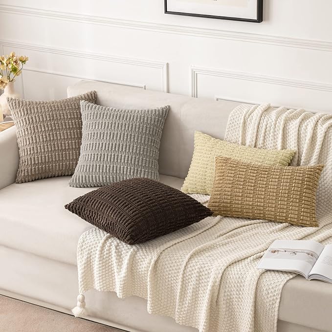 MIULEE Pack of 2 Corduroy Decorative Euro Sham Throw Pillow Covers 24x24 Inch Soft Boho Striped Pillow Covers Modern Farmhouse Home Decor for Sofa Living Room Couch Bed Beige - Image 2