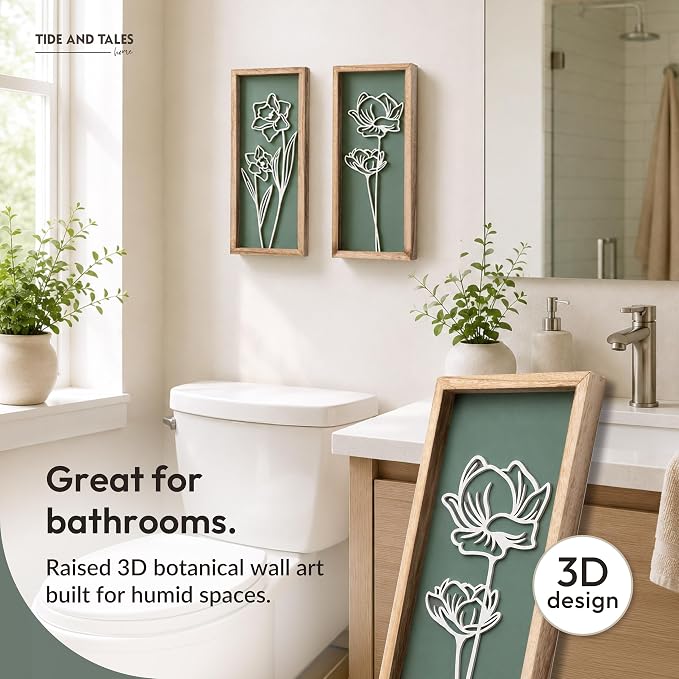 3D Floral Green Wall Art (Set of 2) Lightweight, Wooden Ready-to-Hang Boho Framed Wall Art for Bathroom, Bedroom, Living Room or Office – Premium Sage Green Farmhouse Decor – Gift-Boxed - Image 4