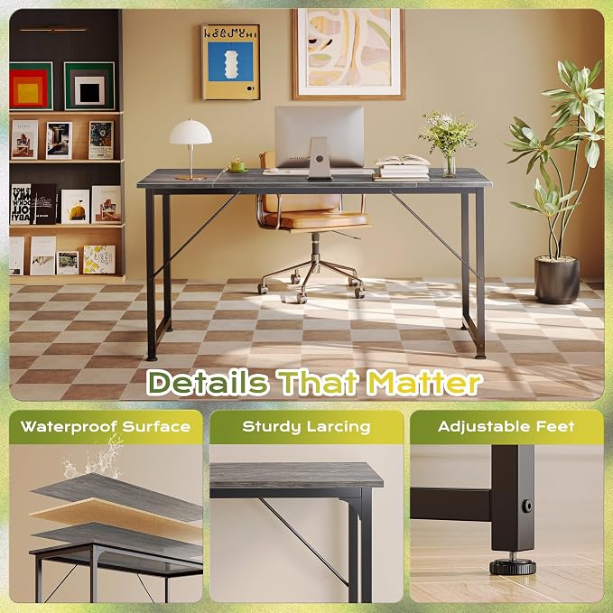 PRAISUN 55 Inch Computer Desk, Home Office Desk with Spacious Desktop, Grey | Modern Gaming Desk for Bedroom, Study, Work, Gaming & Writing, Large Legroom, Sturdy Metal Frame - Image 6