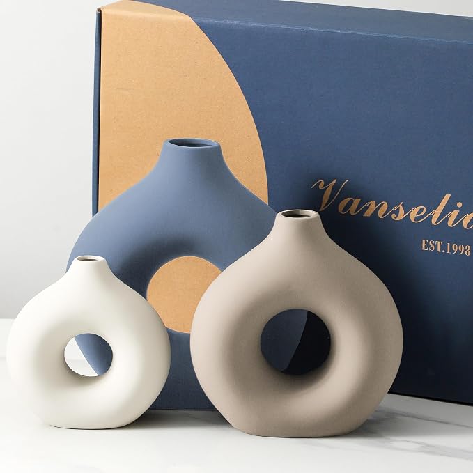 Vanselia Ceramic Vase Home Table Decor - Flower Vases Set of 3 Small Living Room Centerpiece Decorations for Shelf Bedroom Office Kitchen Dining Desk Modern Aesthetic Farmhouse Decorative (Blue) - Image 5