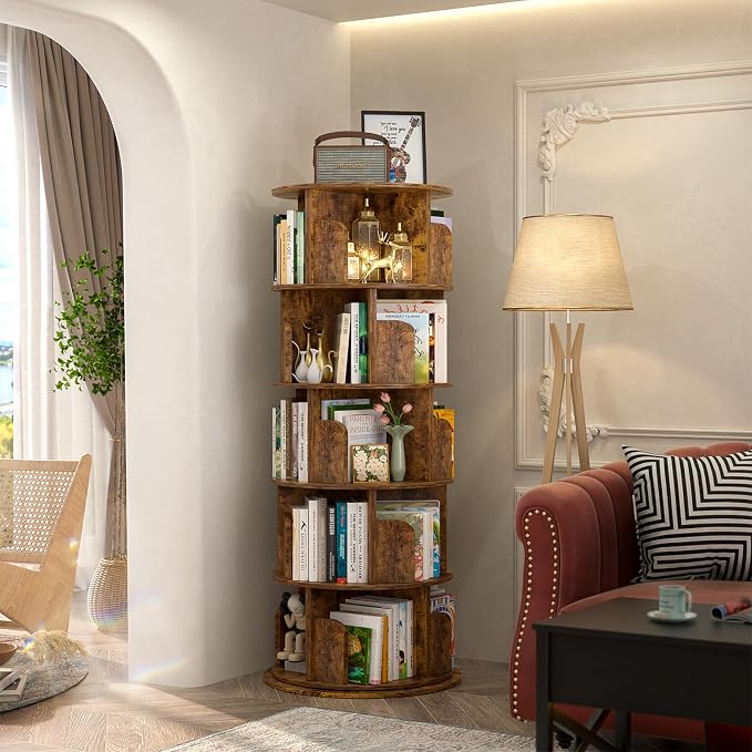 Aheaplus Rotating Bookshelf, 360 Display Wood Spinning Bookshelf Tower, 5 Tier Floor Standing Bookcase Storage Rack, Revolving Bookcase Corner Bookshelfs for Small Space, Study, Bed Room, Rustic Brown - Image 2