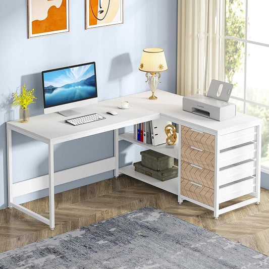 Tribesigns L Shaped Computer Desk with Storage Drawers, 59 inch Corner Desk with Shelves, Reversible L-Shaped Office Desk Study Writing Table Workstation for Home Office, White by Unknown